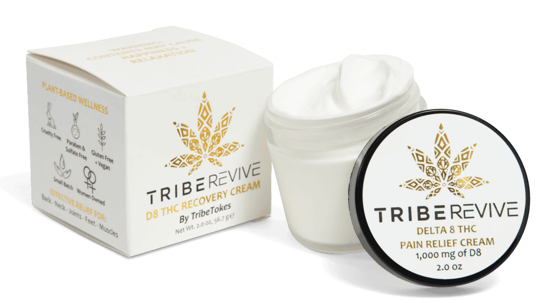 TribeRevive D8 THC Recovery Cream carton beside the open 2 oz jar, lid reading 1,000 mg of D8