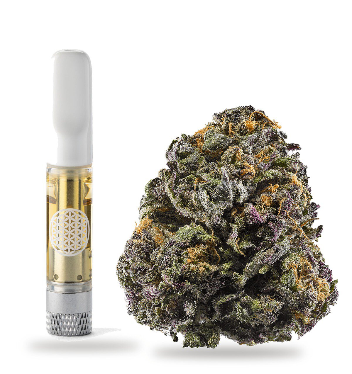 Granddaddy Purple strain: vape cartridge and cured flower nug