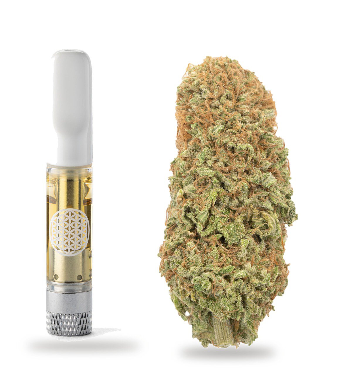 Juicy Fruit strain: vape cartridge and cured flower nug