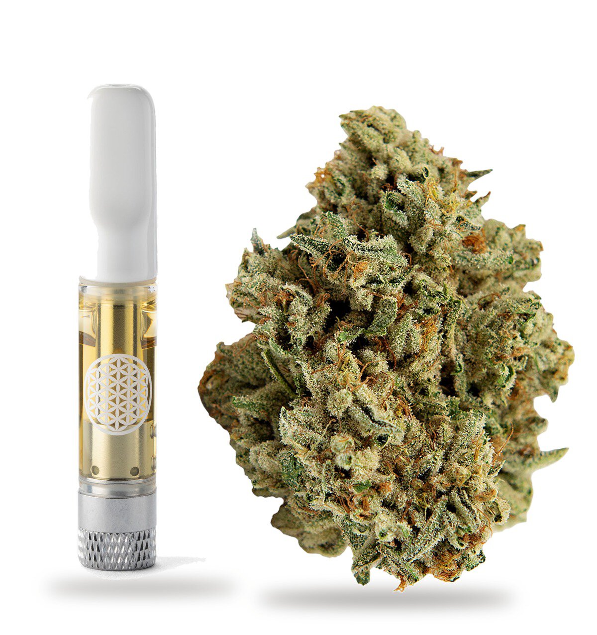 Mango Haze strain: vape cartridge and cured flower nug