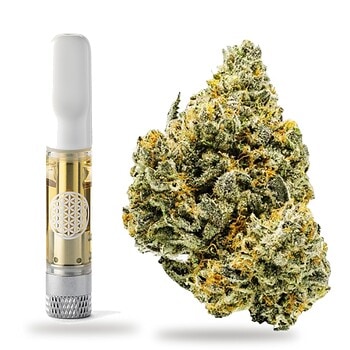 Live resin cartridge next to a frosted green bud shot through with yellow pistils