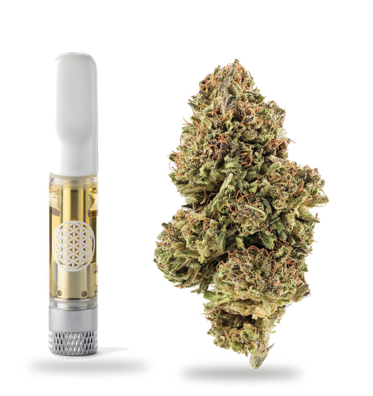 Sour Diesel strain: vape cartridge and cured flower nug