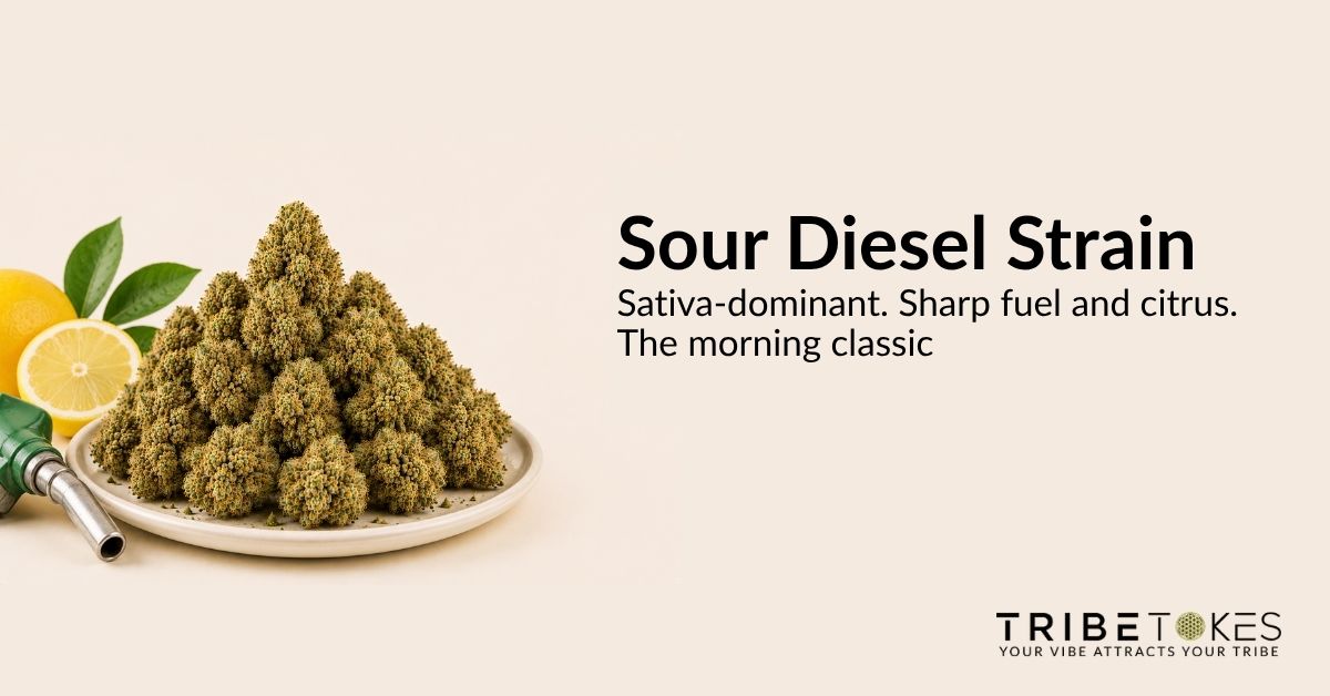 Sour Diesel strain: bright green buds with long orange hairs. Sativa-dominant · sharp fuel and citrus