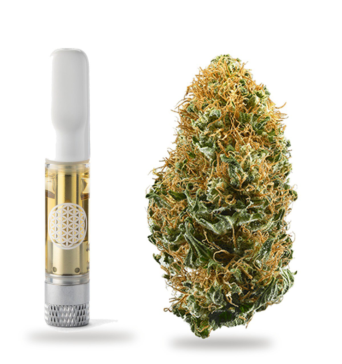 White Widow strain: vape cartridge and cured flower nug