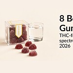 THC-free CBD gummy bottle and loose gummies arranged on a cream background with a glass of water
