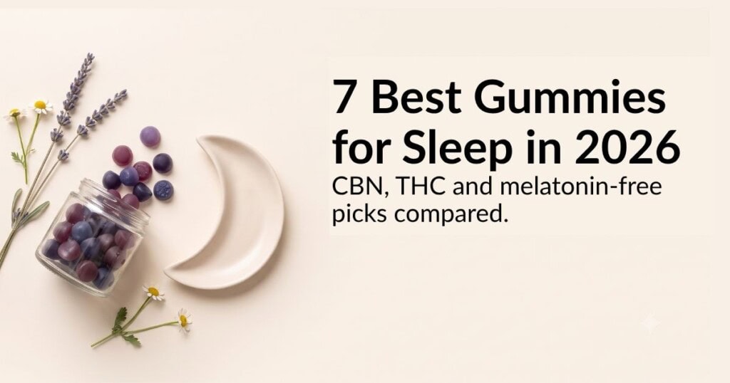 Sleep gummies with dried lavender, chamomile and a crescent moon dish, styled for a calming bedtime CBN gummy comparison
