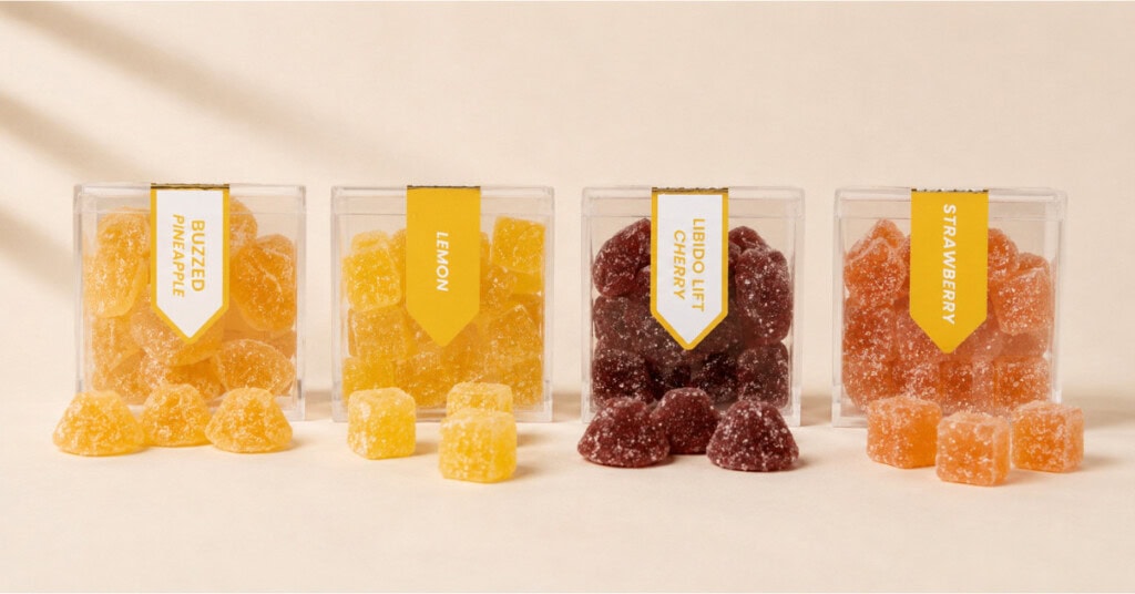 Four TribeTokes cannabis gummy boxes facing forward showing Buzzed Pineapple Lemon Live Resin Libido Lift Cherry and Strawberry flavors representing the full hemp-derived gummy lineup