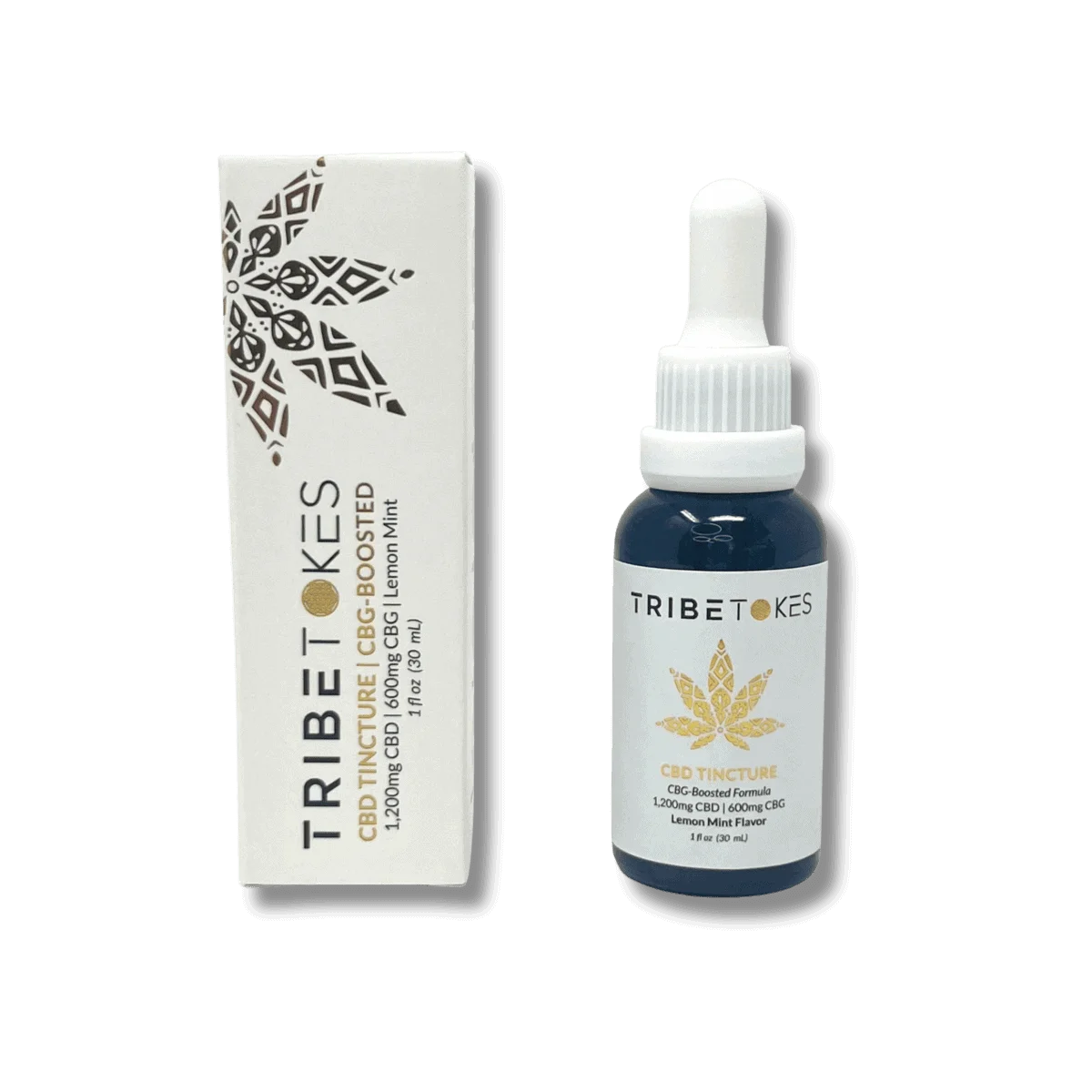 TribeTokes CBD oil tincture, 1,800mg CBG boosted, 30mL bottle with dropper beside its box