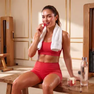 Woman in a red workout set on a gym bench eating a TribeTokes Fit and Focused strawberry THCV gummy, box and water bottle beside her