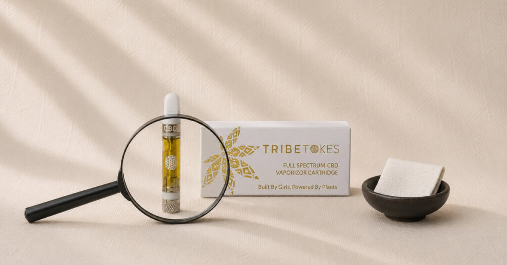 TribeTokes cannabis product with magnifying glass on cream linen — editorial flatlay representing consumer scrutiny of cannabis COA lab reports and how to spot fake or incomplete certificates of analysis