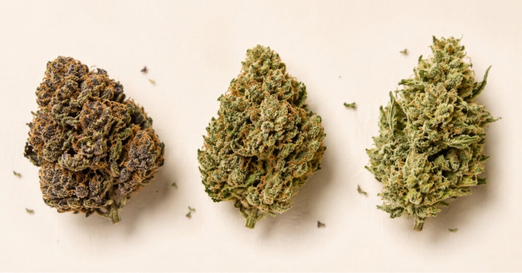 Three hemp flower buds representing indica hybrid and sativa cannabis strain types side by side on a cream background illustrating the differences between cannabis strain classifications