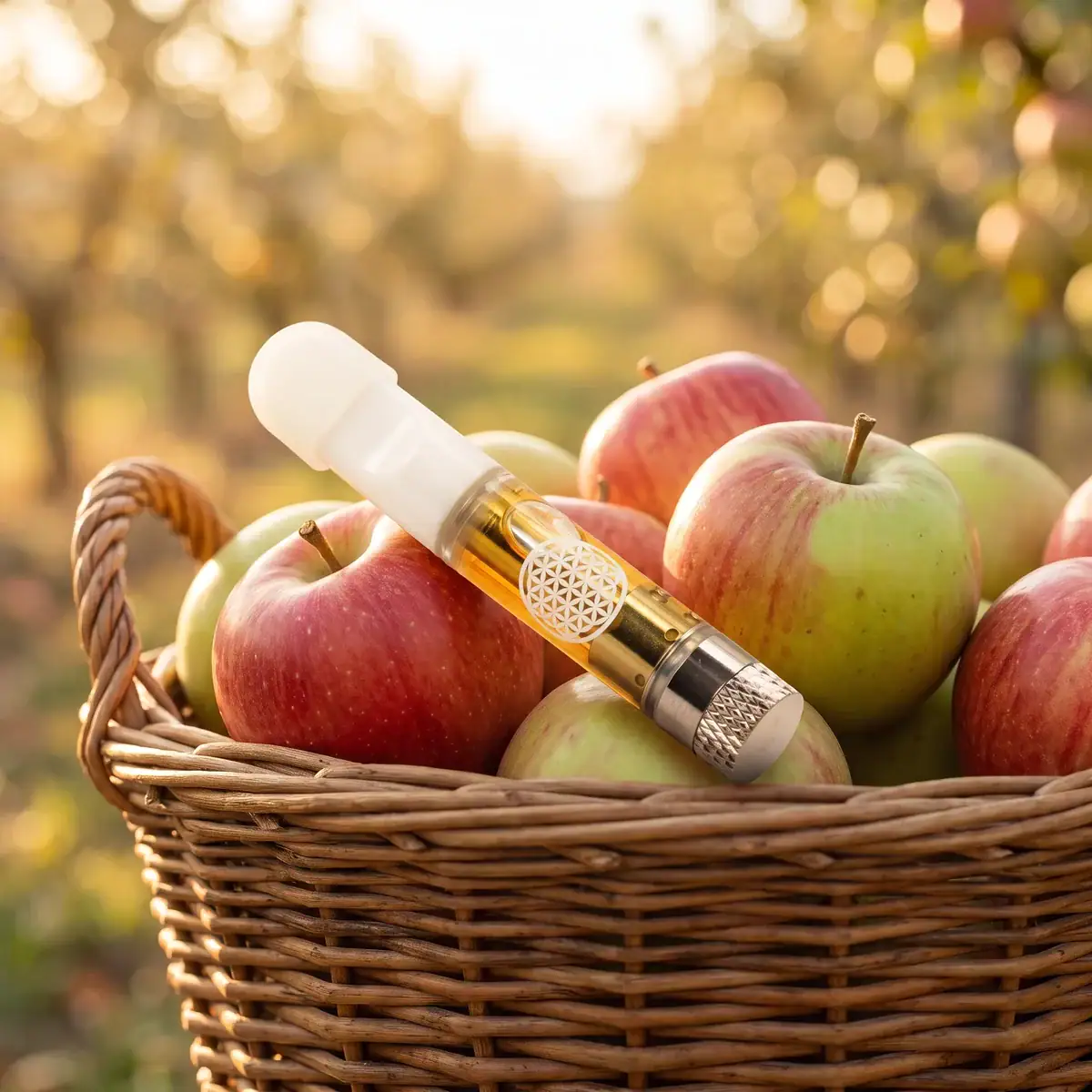 Spiced Apple Cider THCa vape cart resting on fresh apples in a wicker basket at an orchard