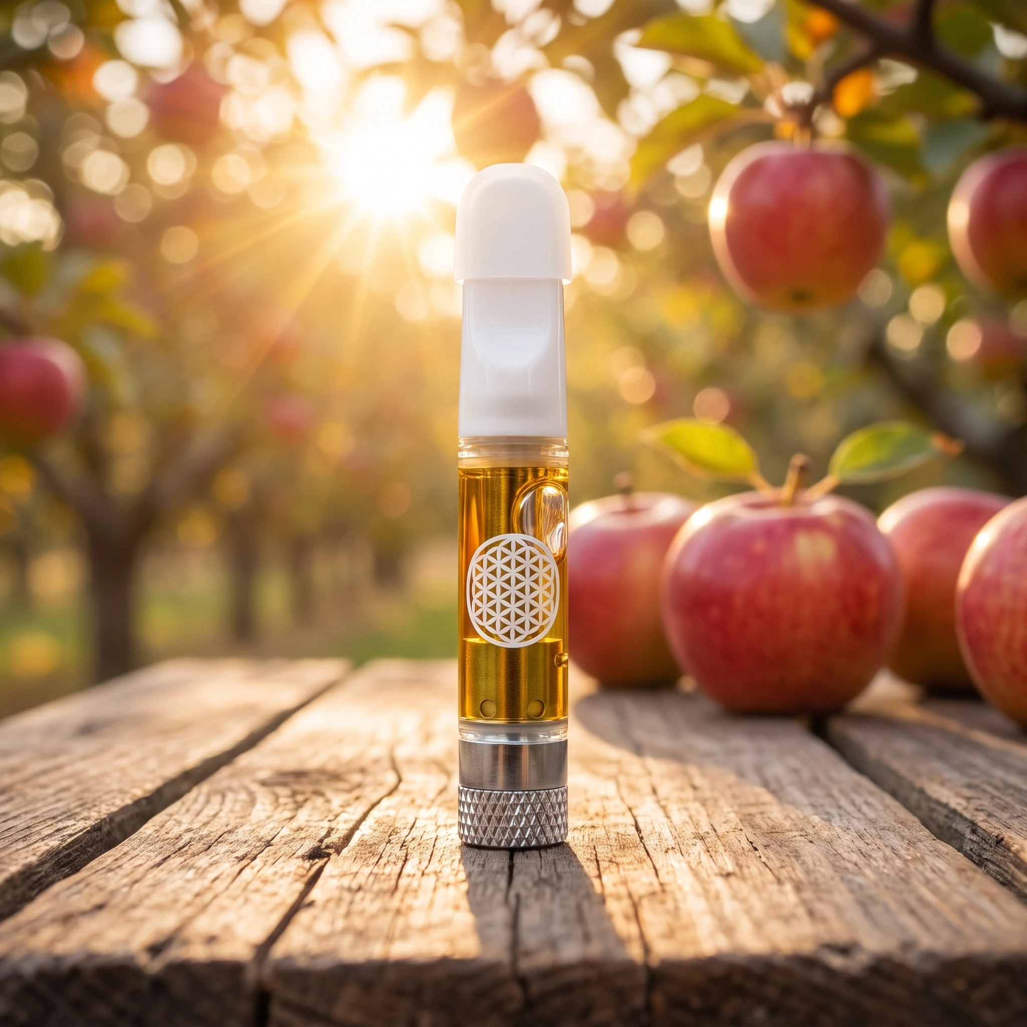 Spiced Apple Cider THCa vape cart standing on a wooden table in a sunlit apple orchard