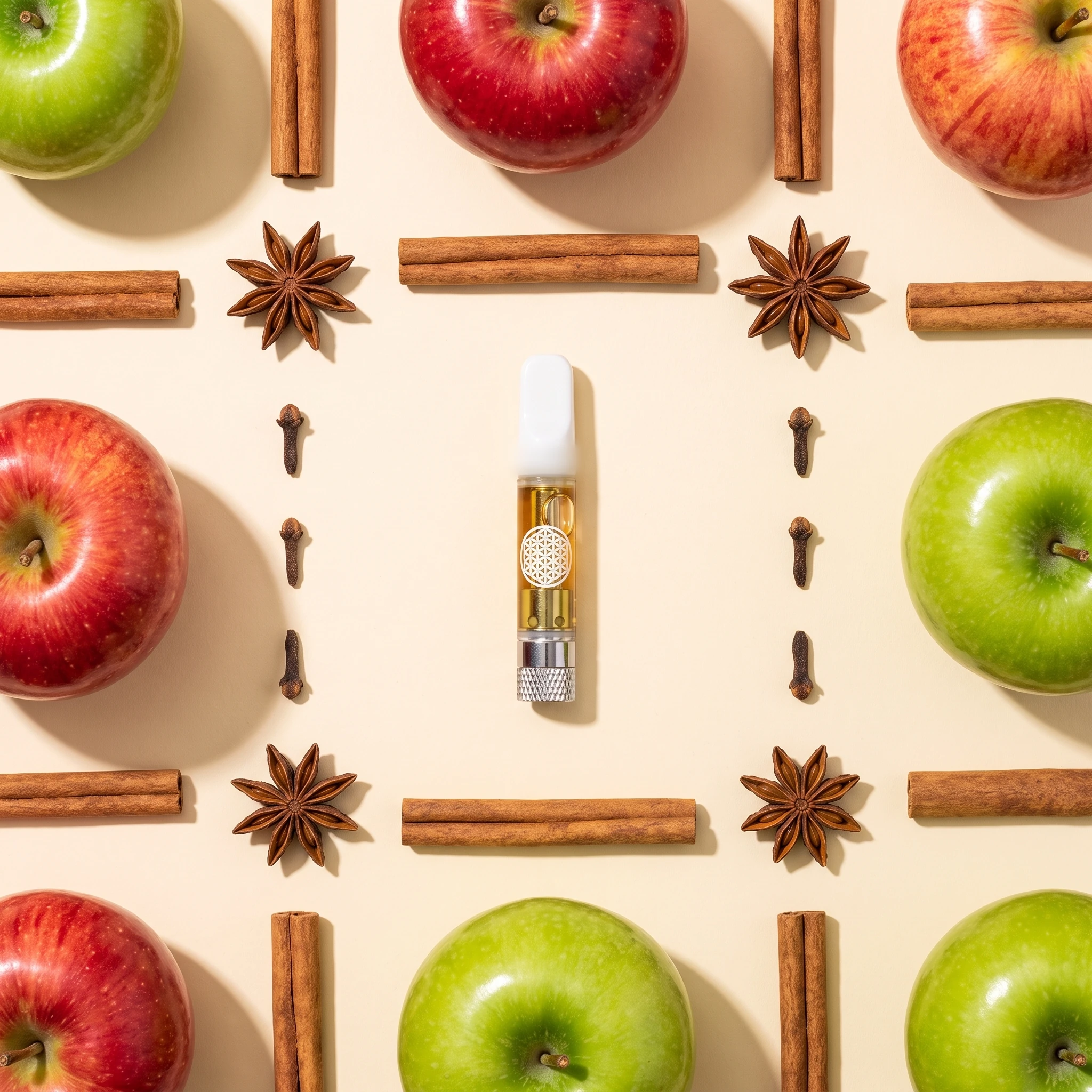 Spiced Apple Cider THCa vape cart centered in a flat lay grid of red and green apples, cinnamon sticks, cloves and star anise