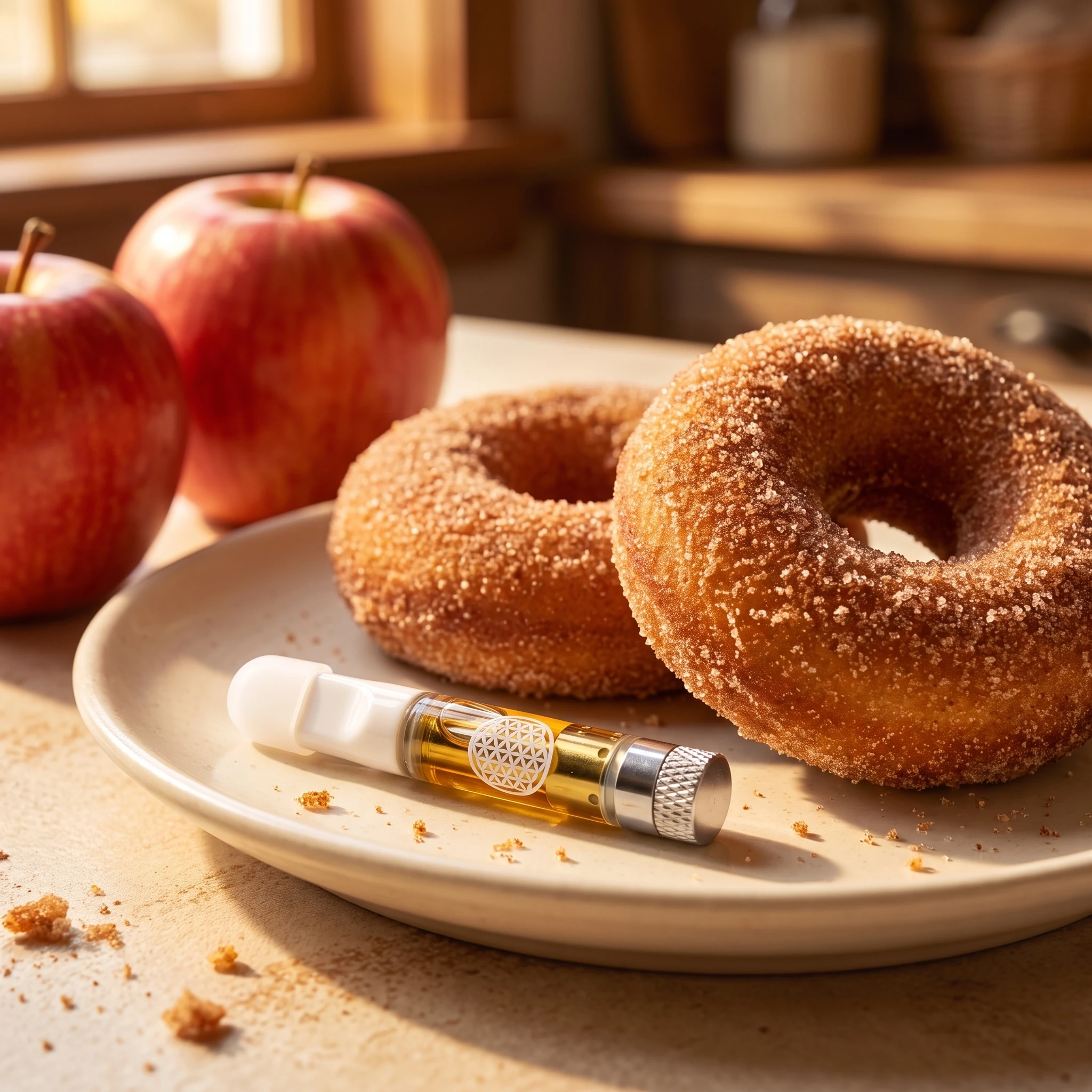 Spiced Apple Cider THCa vape cart on a plate with two cinnamon sugar apple cider donuts and fresh apples