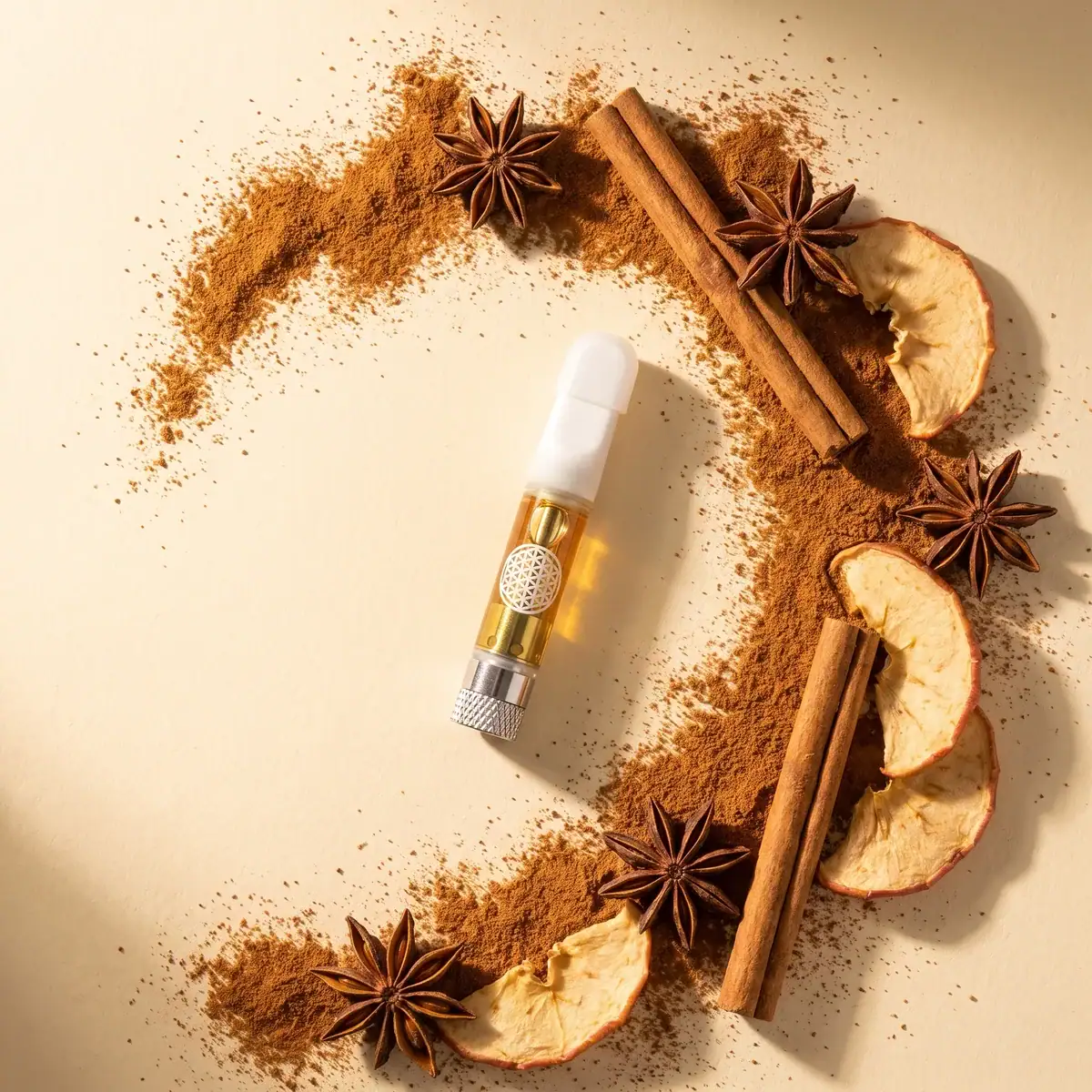 Spiced Apple Cider THCa vape cart flat lay with ground cinnamon, cinnamon sticks, star anise and dried apple slices