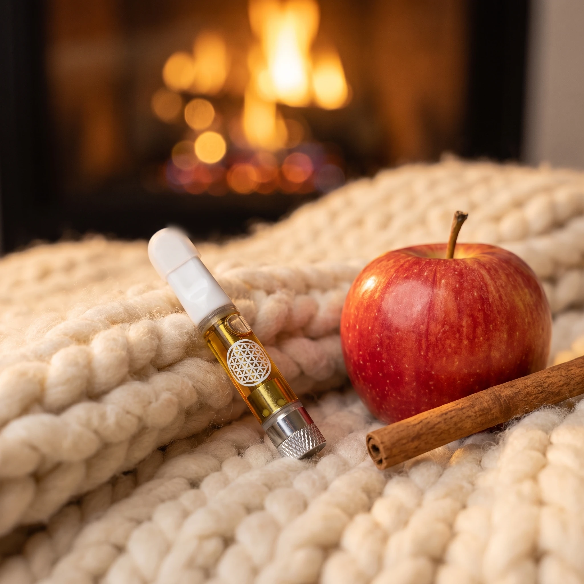 Spiced Apple Cider THCa vape cart on a chunky knit blanket with a red apple and cinnamon stick in front of a fireplace