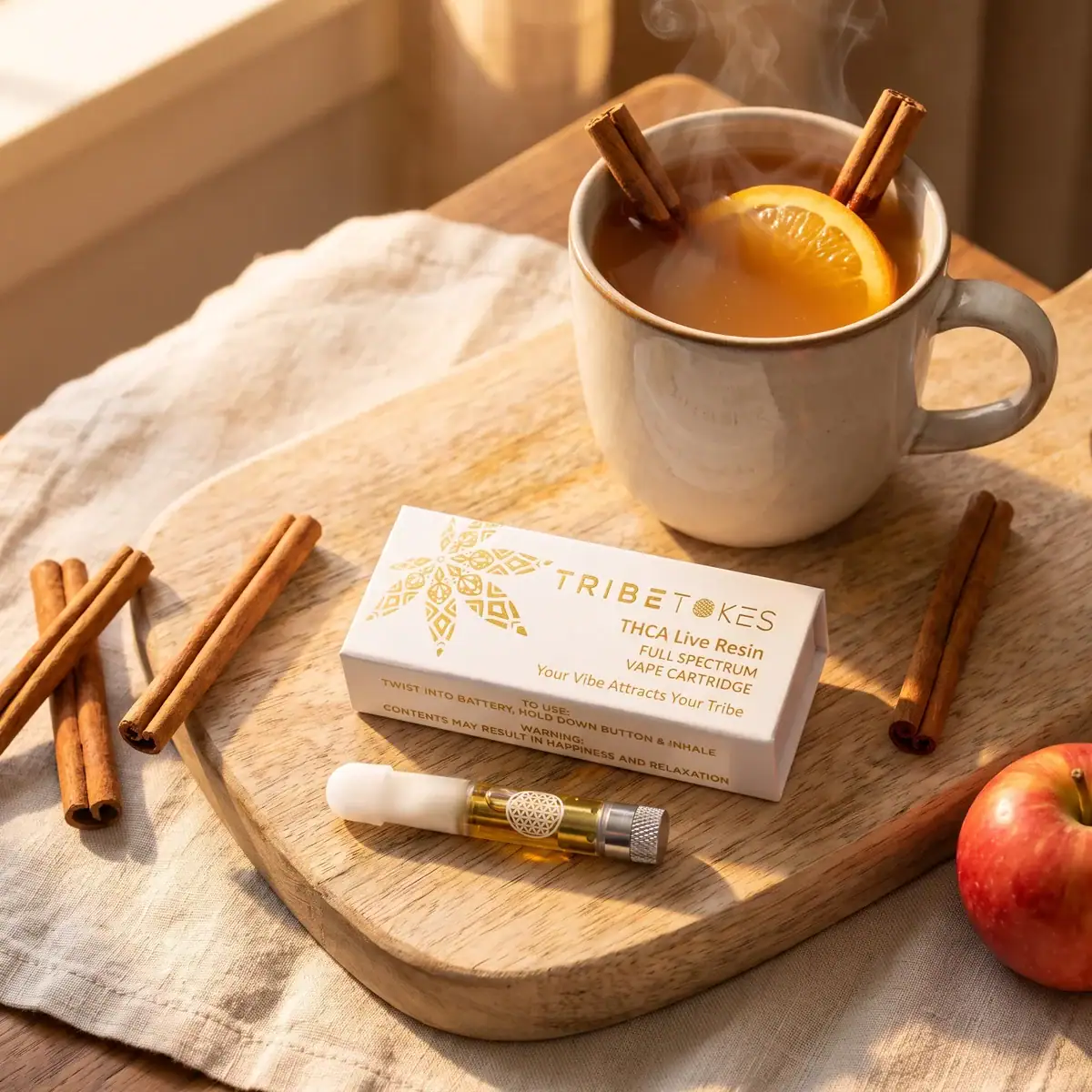 Spiced Apple Cider THCa vape cart and TribeTokes box on a cutting board next to a steaming mug of hot apple cider with cinnamon sticks
