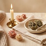 Frosty flower buds and an unlit pre-roll on a cream linen surface beside lit candles and dried flowers