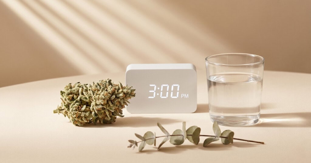 Standing digital clock beside a cannabis flower bud and glass of water on a cream surface with a eucalyptus sprig, representing the detection timeline for how long THC stays in your system across different test types