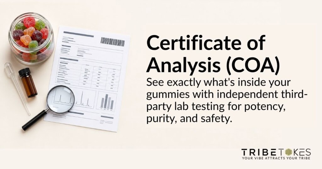 A TribeTokes glass jar of colorful cannabis gummies beside a Certificate of Analysis document, magnifying glass, glass pipette, and amber lab vial
