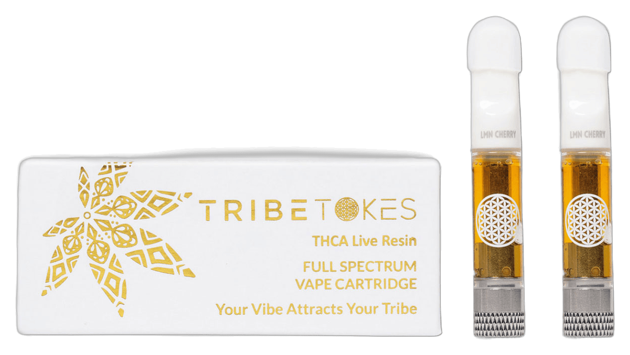 TribeTokes THCa live resin cart box with two 1g live resin vape cartridges