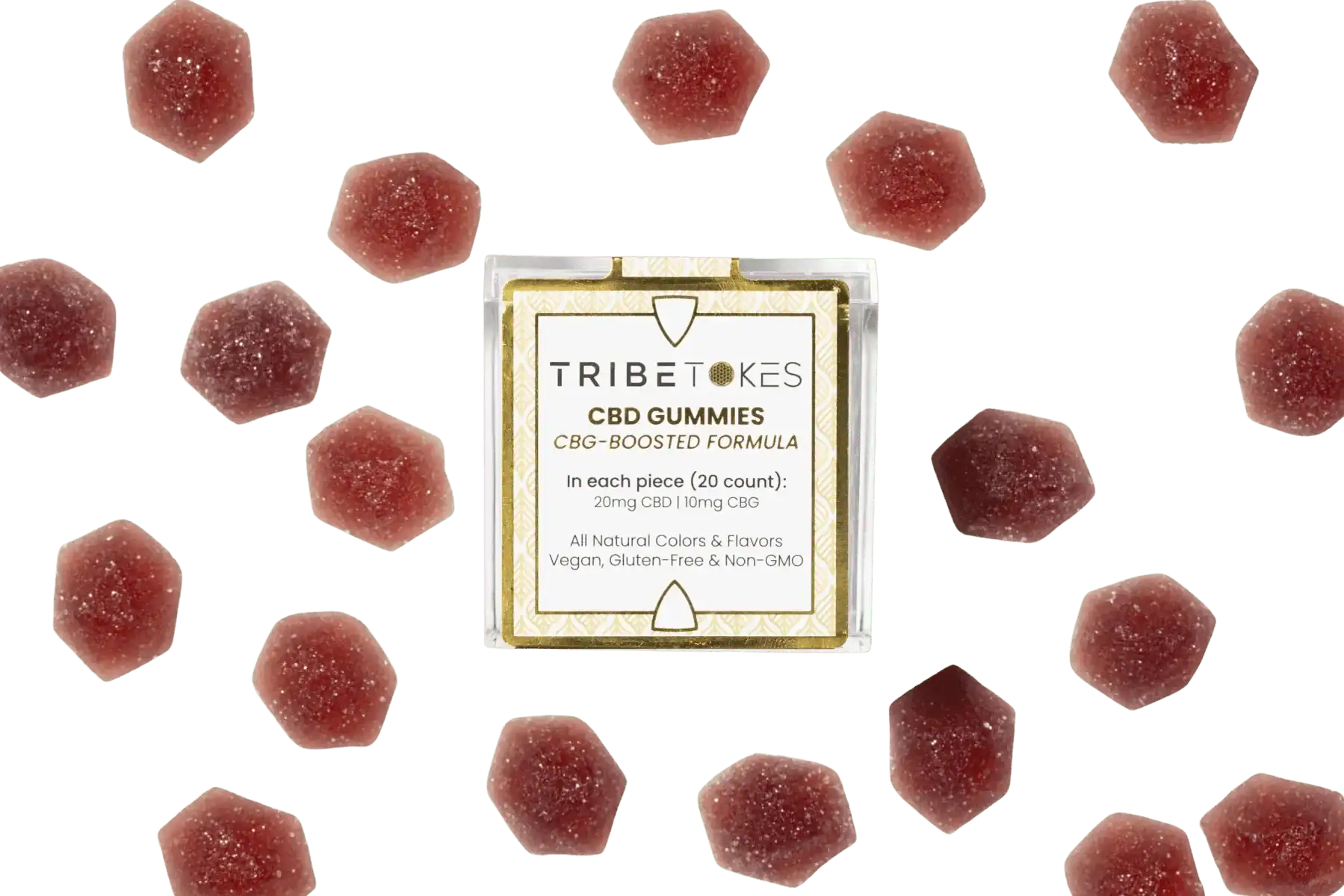 TribeTokes CBD Wellness Gummies, CBG-boosted, mixed berry, in a clear cube box
