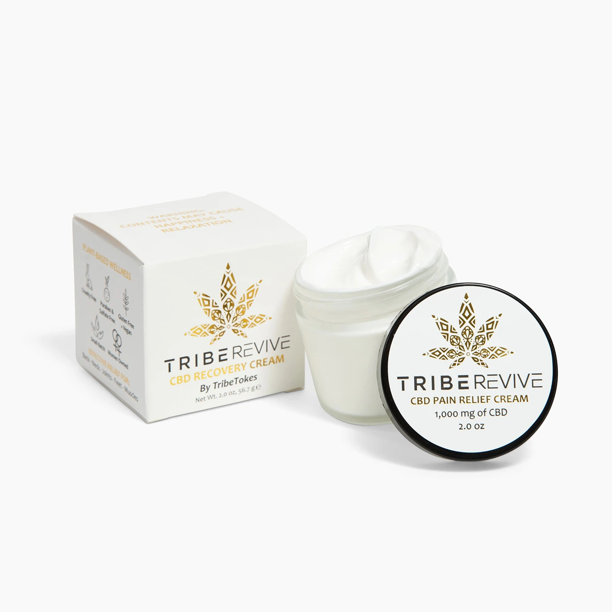 Open jar of TribeTokes TribeRevive CBD Pain Relief Cream with the lid propped against it, showing 1,000 mg of CBD and 2.0 oz, on a white background