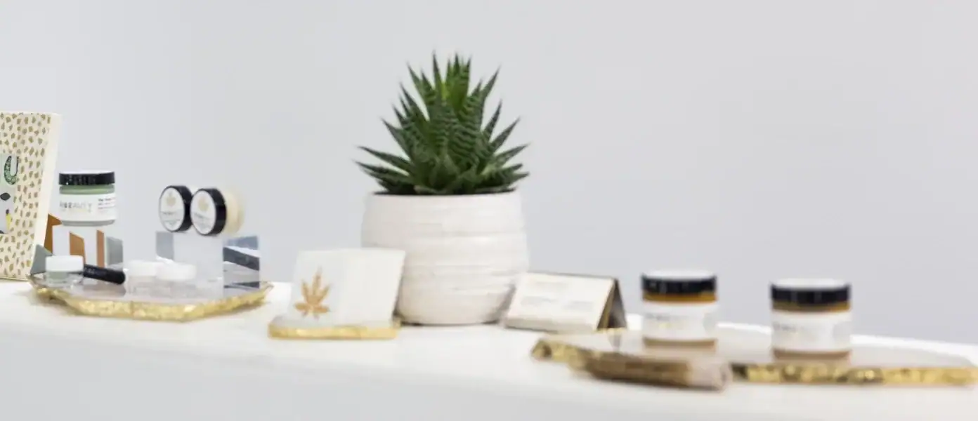 TribeTokes CBD jars on a white front desk counter with a succulent and gold-edged coasters