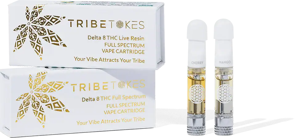 TribeTokes Delta 8 live resin and full spectrum vape cartridges with their boxes