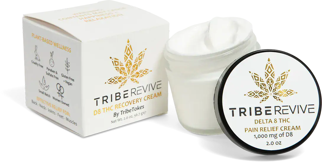 TribeRevive D8 THC Recovery Cream carton beside the open 2 oz jar, lid reading 1,000 mg of D8