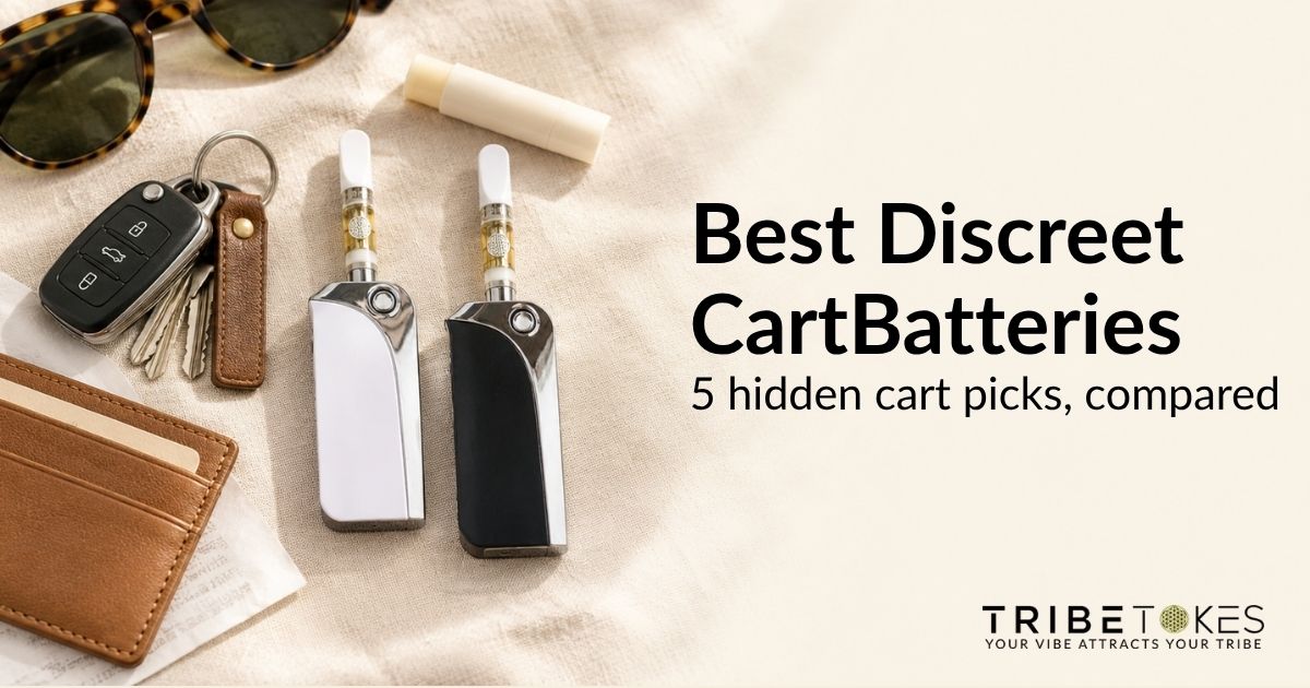 Saber Key Fob and TribeMINI discreet cart batteries resting among car keys, sunglasses and lip balm on a cream linen surface