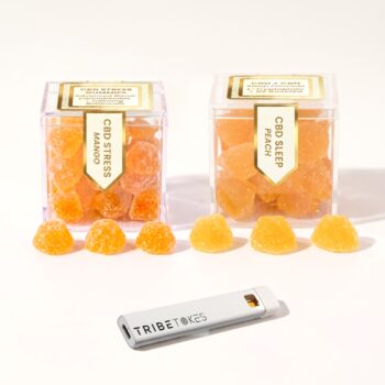 Nicotine Reset Kit with a box of CBD Stress Gummies in mango, a box of CBD + CBN Sleep Gummies in peach and a TribeTokes CBD CBG vape pen