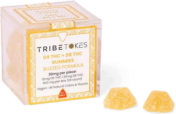 TribeTokes Buzzed Pineapple THC gummies in a clear cube box with two yellow gummies in front