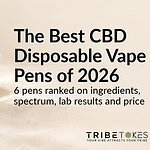 White TribeTokes CBD disposable vape pen resting on its open gold-foil gift box on cream linen beside fresh hemp leaves