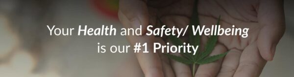 Your health and safety are our number one priority, hands holding a hemp leaf