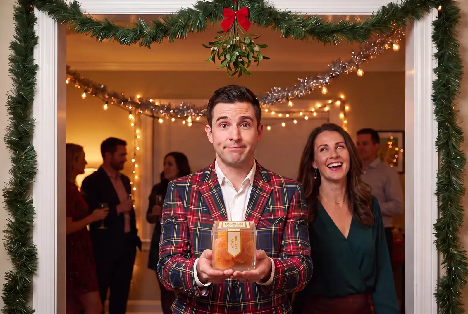 Man in a plaid holiday blazer holding a box of TribeTokes Libido Lift Peach gummies under mistletoe at a party
