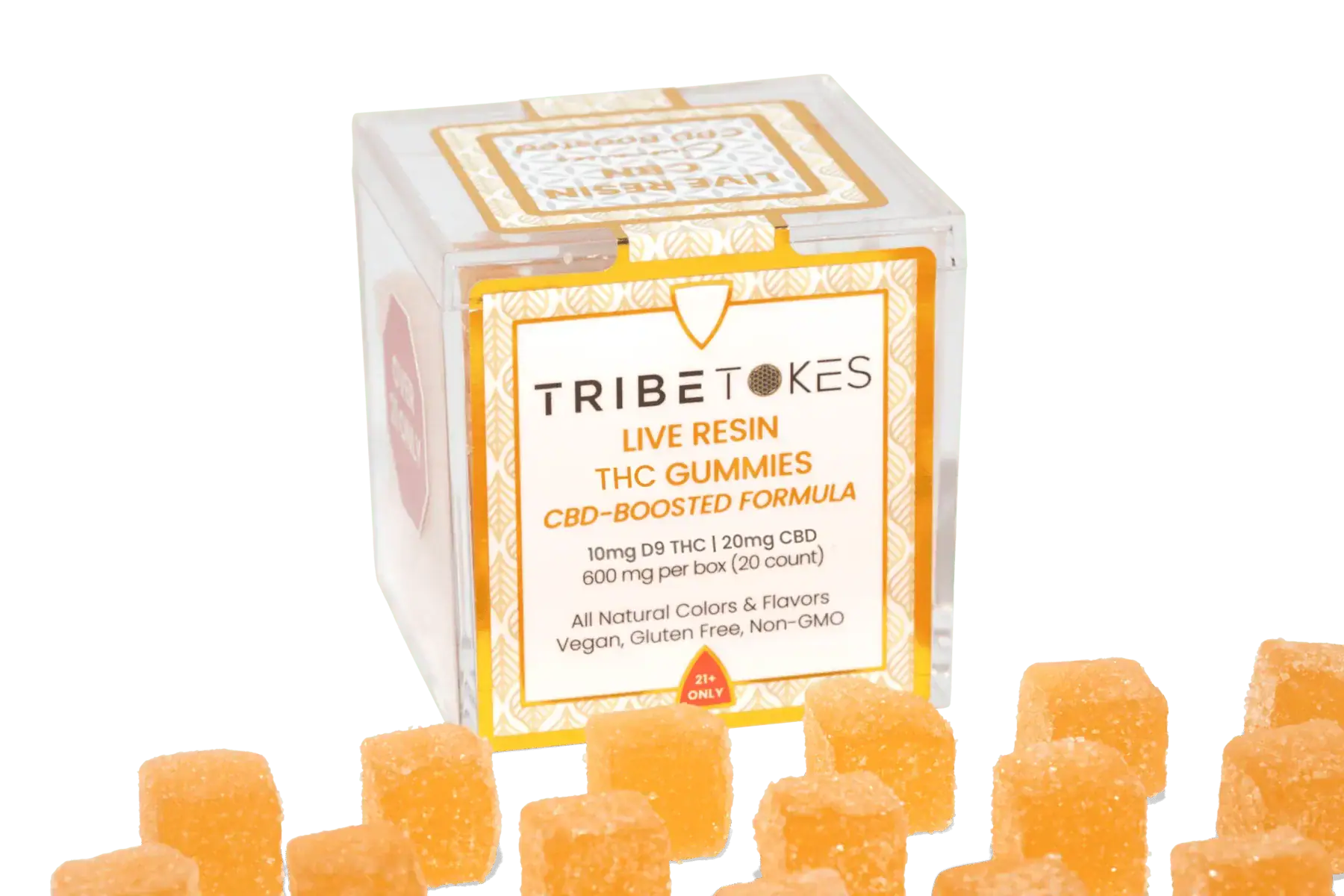 TribeTokes Live Resin THC Gummies box with loose orange gummy cubes, 10mg THC and 20mg CBD per gummy, 600mg per 20 count box