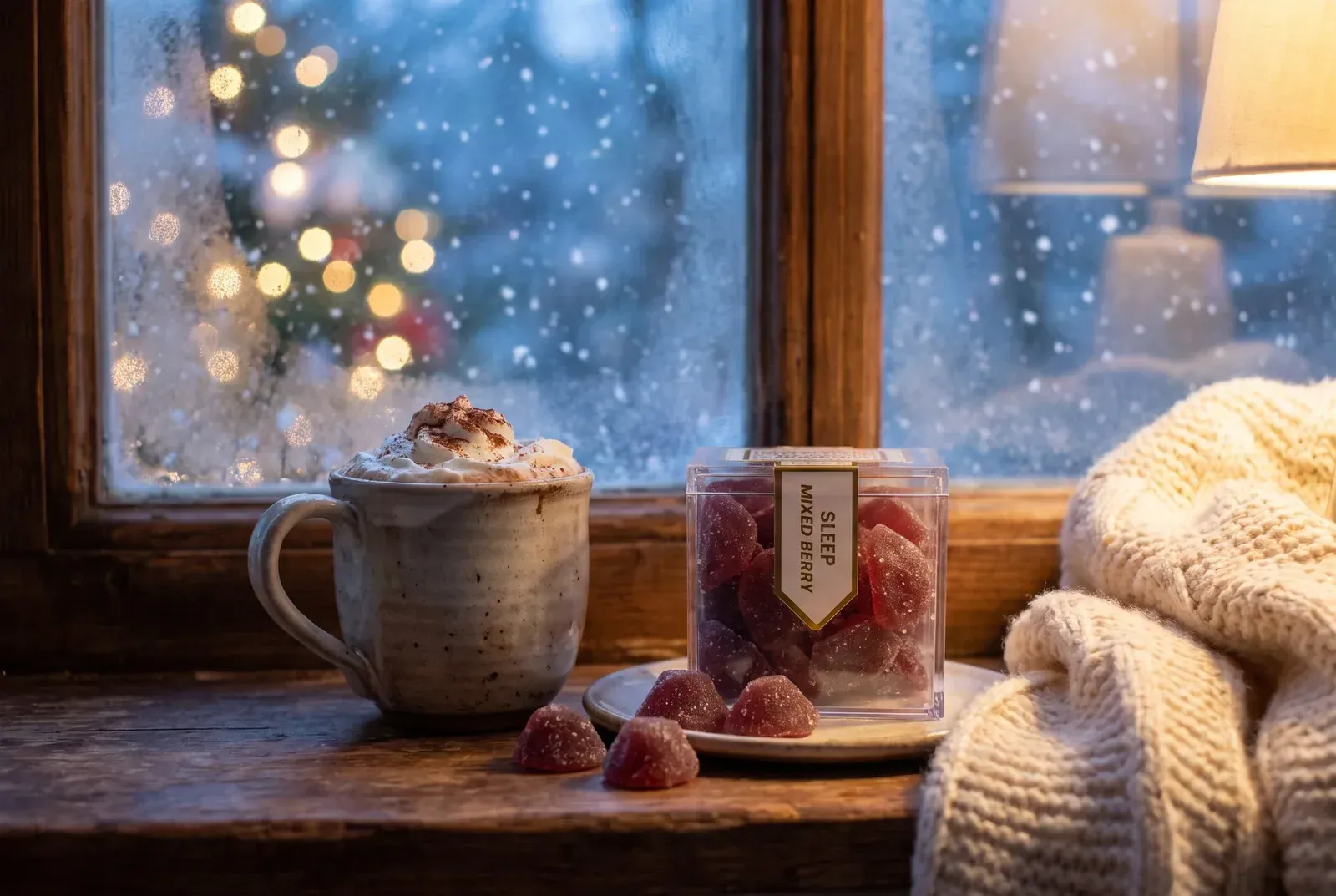 Box of TribeTokes Mixed Berry gummies beside a mug of hot cocoa on a windowsill with snow falling outside