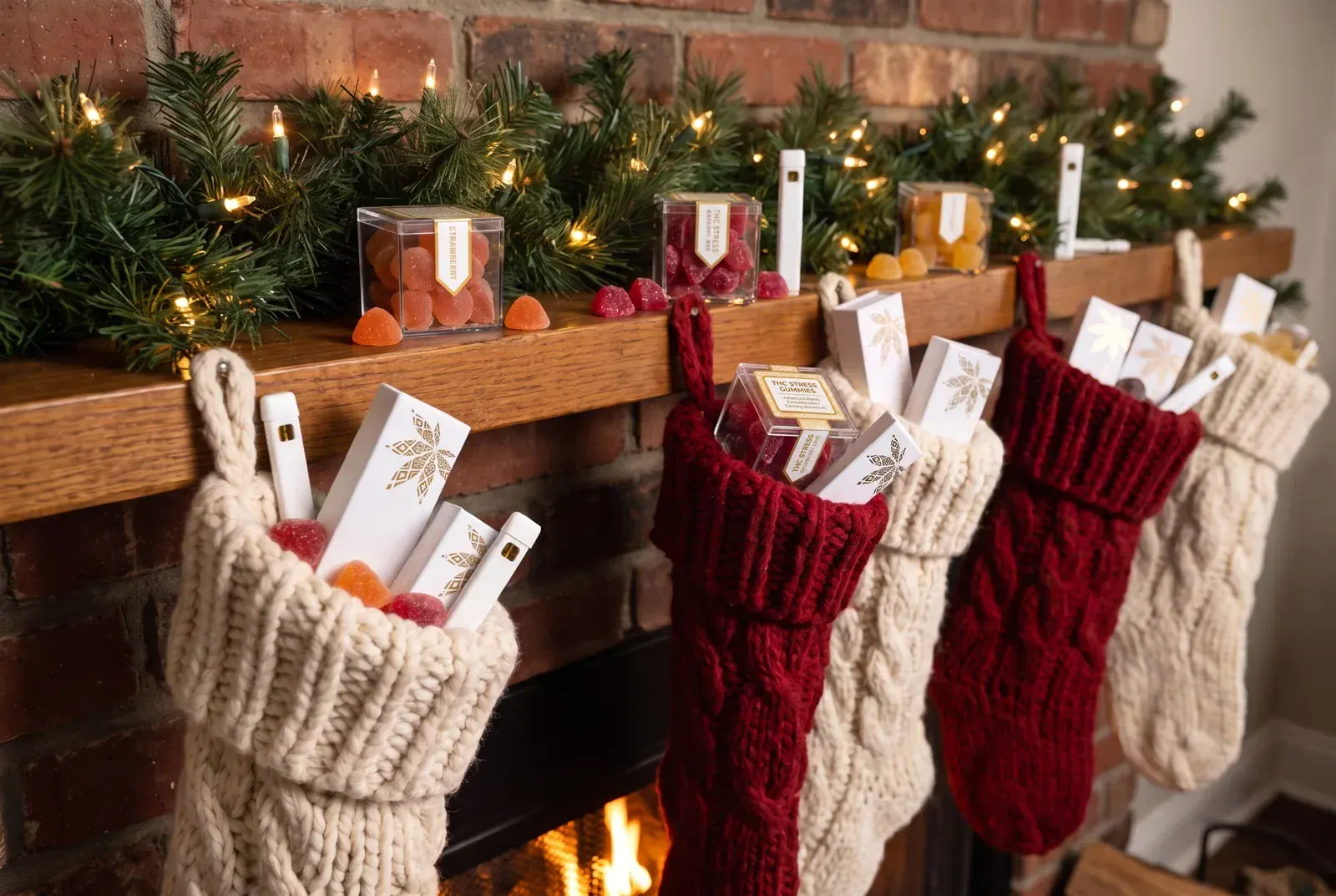 TribeTokes THC gummies and white disposable vapes tucked into knit holiday stockings on a fireplace mantel